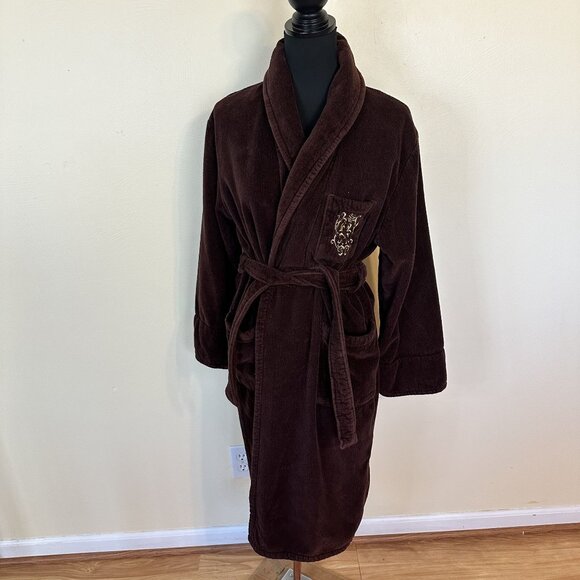Unisex Brown Terrycloth Robe Pockets Belt Large Charter Club Gold Emblem Vtg - Picture 9 of 12